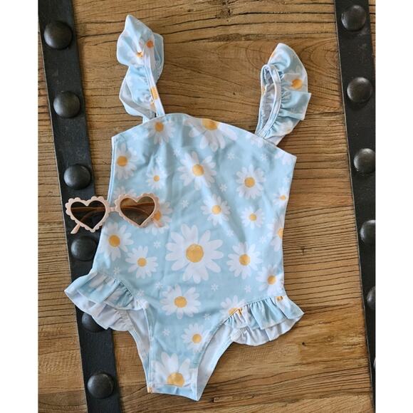 Shein Blue Daisy One Piece Swimsuit and Sunglasses sz 5T - Picture 1 of 5